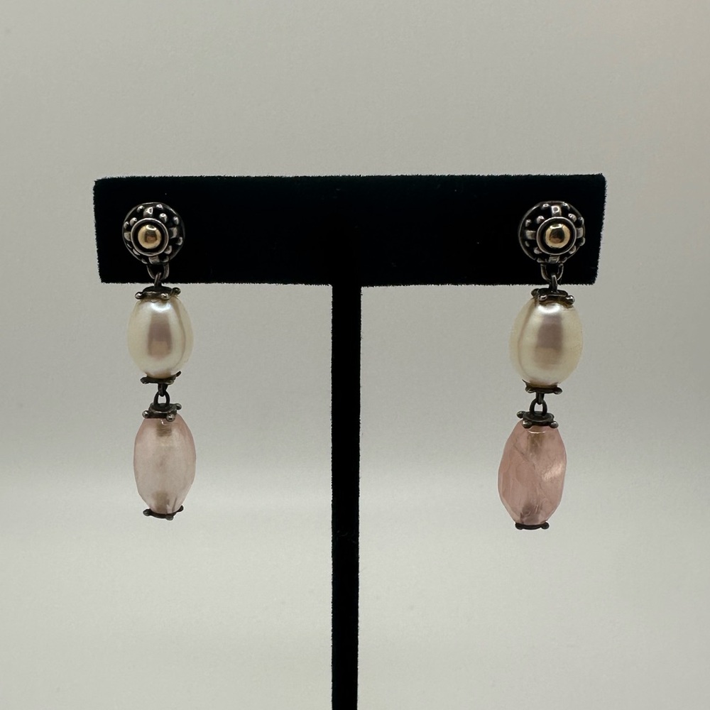 John Hardy rose quartz pearl drop earrings 925 18k 750 gold sterling silver